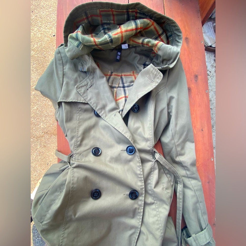 Double-Button Hooded Olive Trench Coat